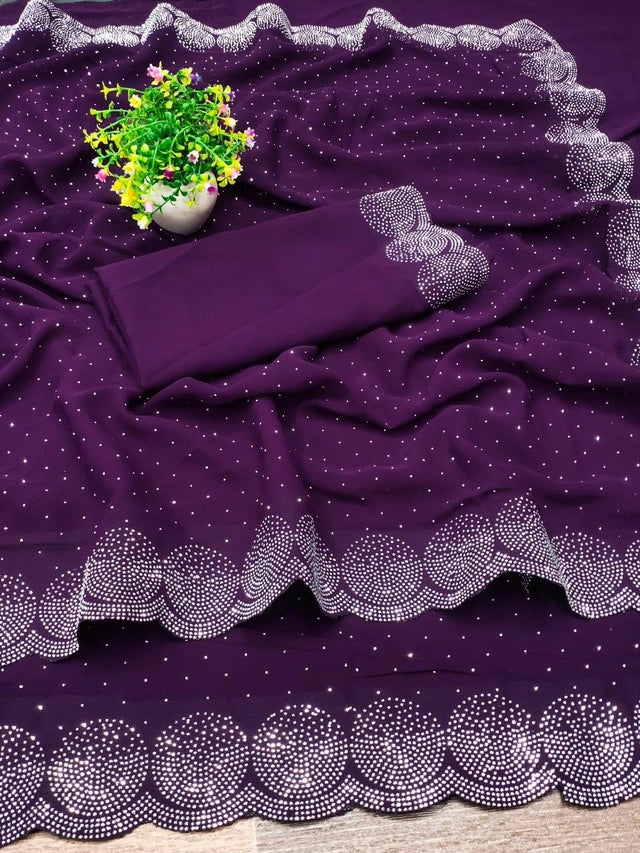 Georgette Embellished Saree for Women (Navy Blue, 6.3 m)